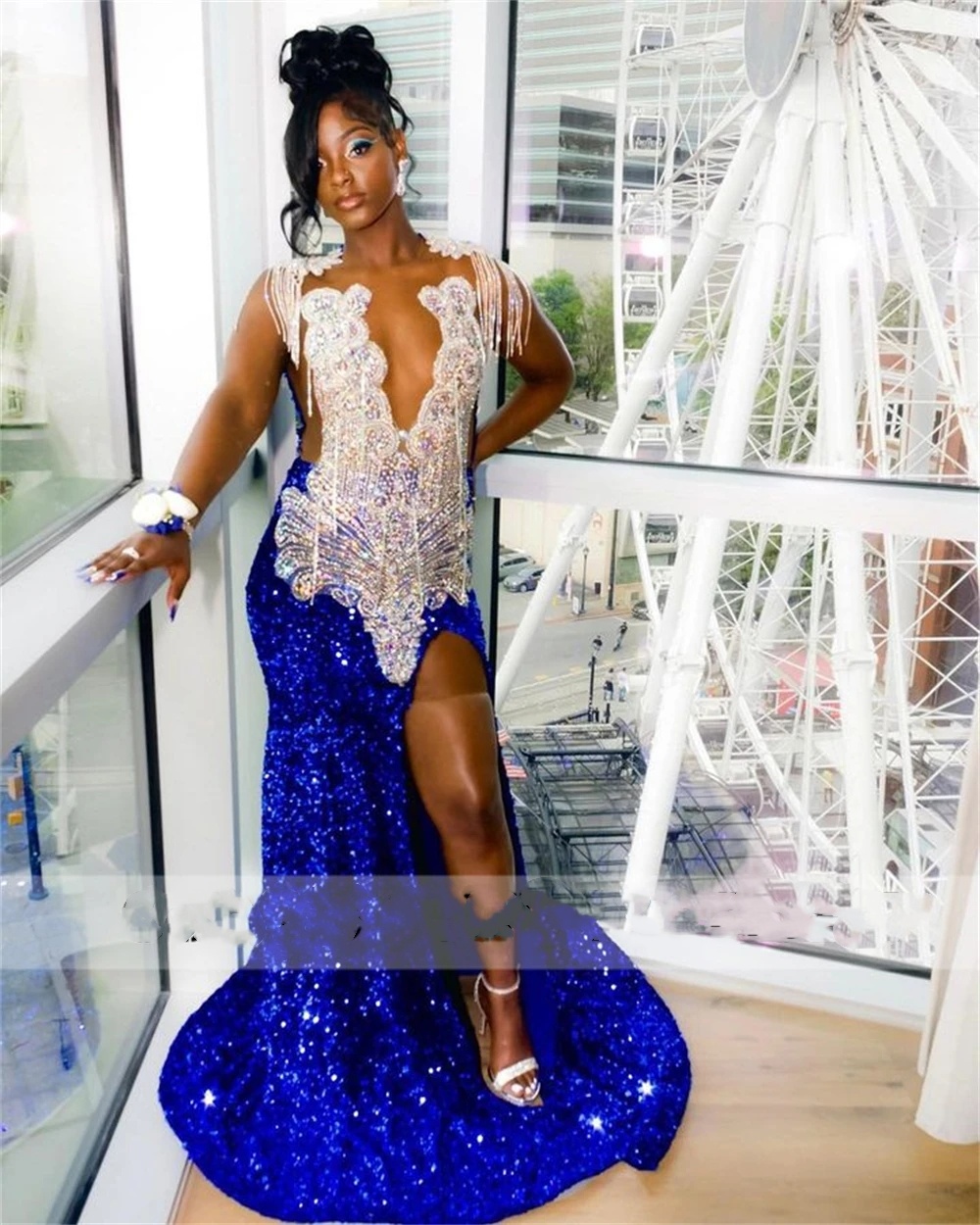 African Royal Blue Sequin Beadeds Prom Dresses For Black Girl 2024 Sparkly Gillter Front Split Mermaid Birthday Reception Gowns Robe De Bal 0431