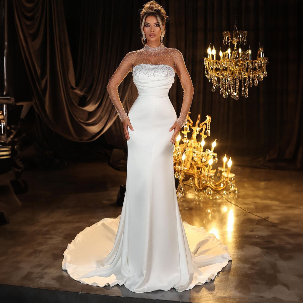 Modest Beaded Neck Wedding Dresses Mermaid Long Sleeve Bridal Gown Pleat Button Back Satin vestido de novia