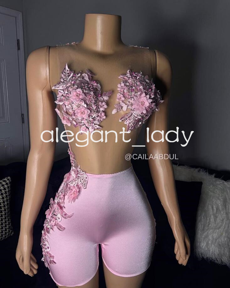 Pink Short Flower Romper Prom Dresses Luxury Crystal Sheer Mesh Black Girl Birthday Evening Gown vestidos de gala mujer
