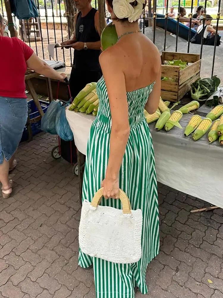 Casual Dresses Green Striped Print Strapless Maxi Dress For Women Sexy Slim Patchwork Sleeveless Robes 2024 Summer Lady Party Fashion
