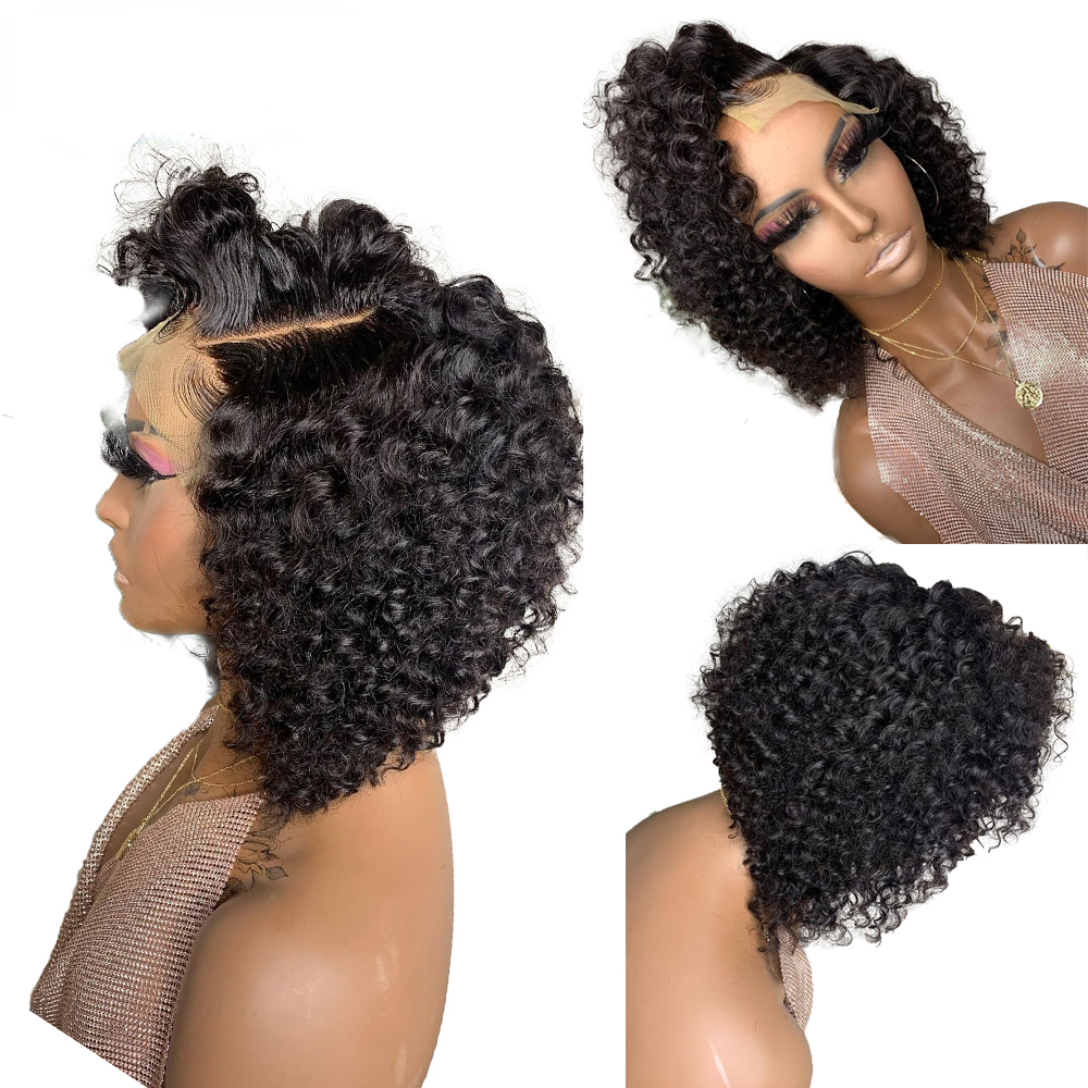 Free shipping Brazilian Jerry 13x4 Lace Front Wig Human Hair Natural Black Color Free Part Transparent Short Curly Wigs Synthetic for Women