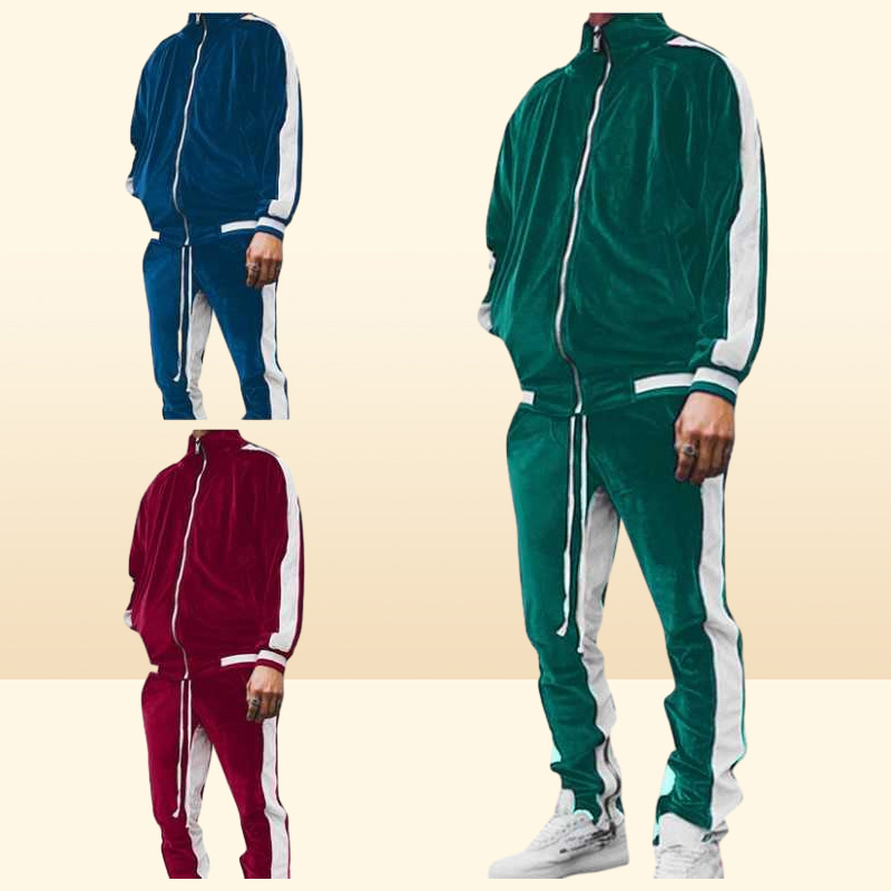 Fall Winter Men Tracksuits Geometric Sweatshirt Jogger Two Velour 2 Piece Set Velvet Tracksuit