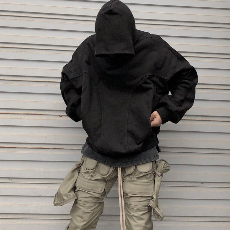 Grailz Project Vintage High Street Geometric Structure High Street Solid Hoodie Button Up Loose Hooded Hoodie
