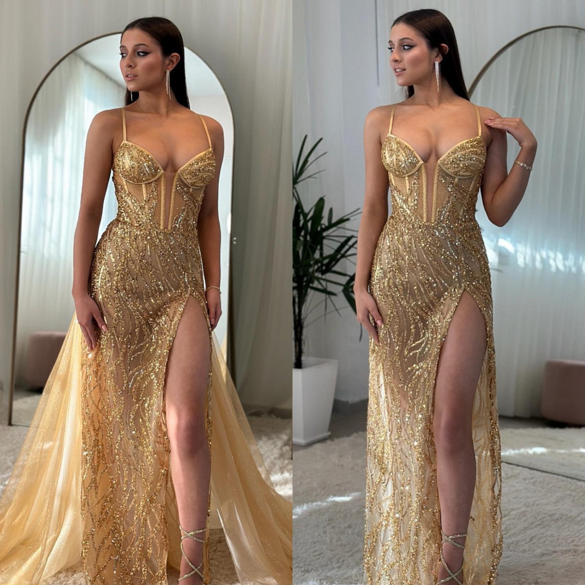 Gold Mermaid Prom Dress Thigh Split Illusion Formal Evening Elegant Detachable Overskirt Glitter Sequins Party Dresses For Special Ocns Promdress Lz03
