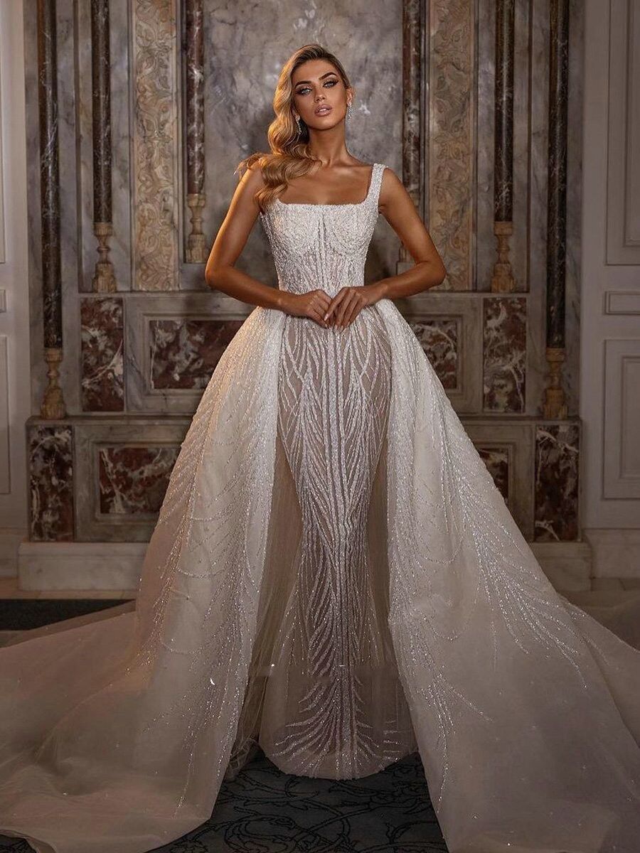 Gorgeous Sequins Mermaid Wedding Dresses Spaghetti Straps Bridal Gowns with Overskirts Sleeveless Custom Made Plus Size Bride Dress