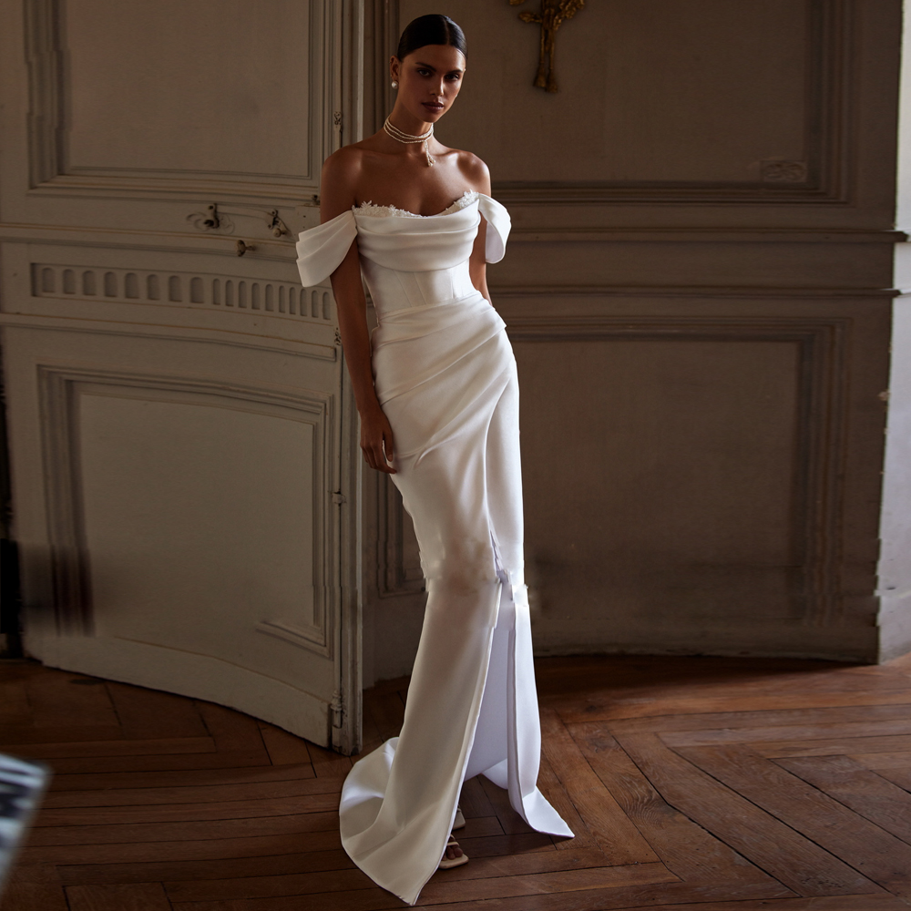 Off the Shoulder Wedding Dresses Satin Appliques High Split Mermaid Zipper Without Gloves Sweep Train