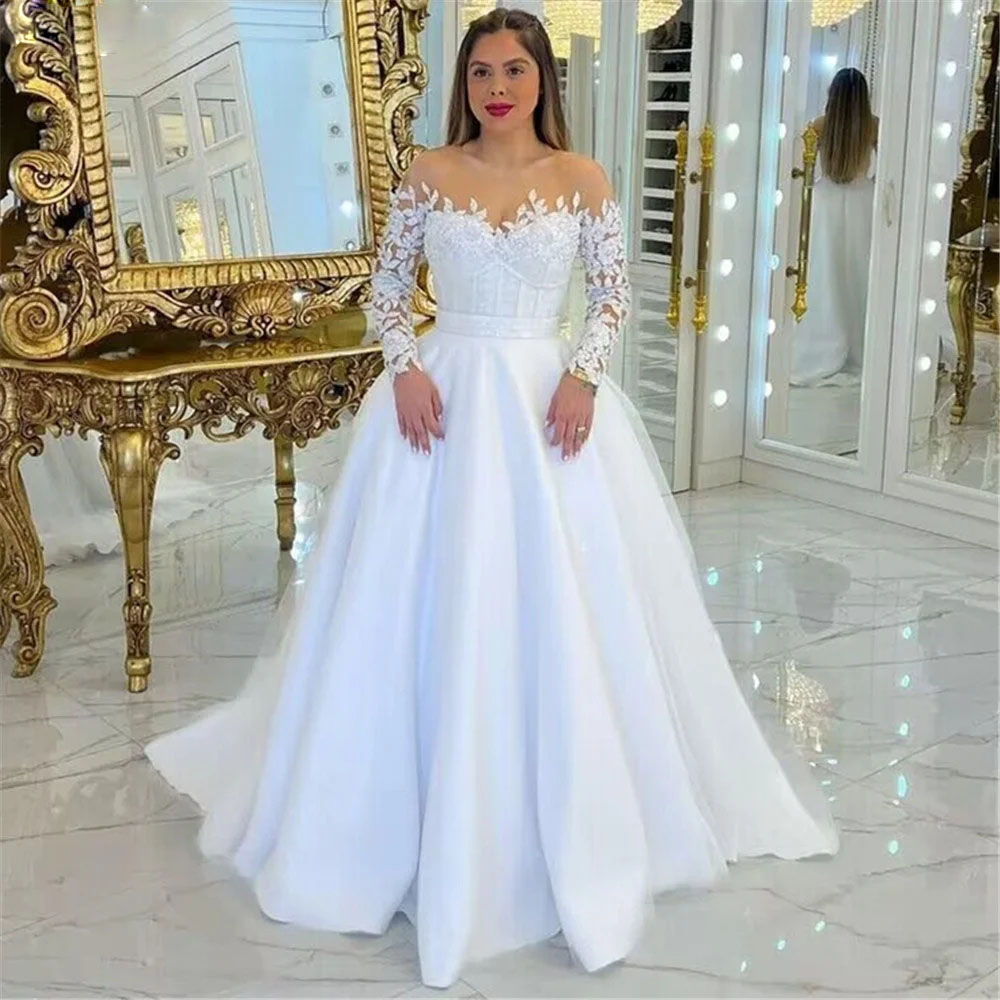 Sheer Neck A Line Wedding Dresses 2024 Lace Appliques with Beaded Bridal Gown Pleat Puffy Skirt robe de mariage