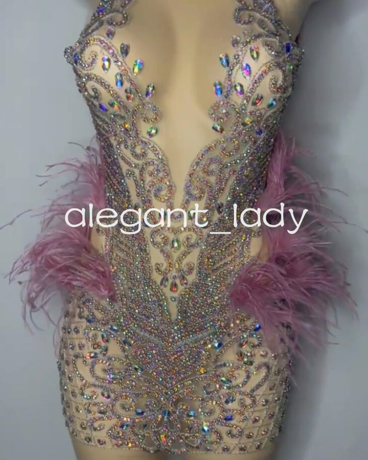 Rose Pink Short Evening Formal Dresses for Women Sparkly Crystal Feather Sheer Mesh Birthday Party Gown vestidos de fiesta