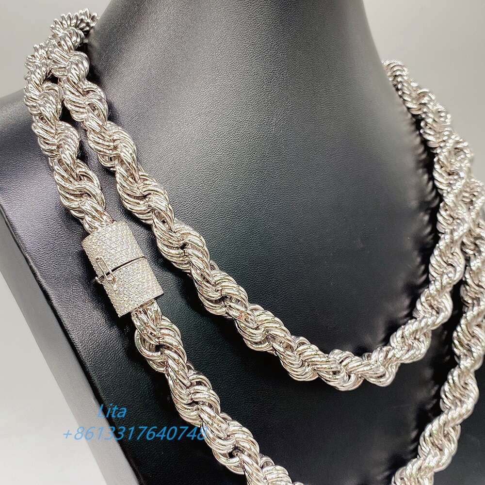 Hip Hop Iced Out Moissanite Clasp 925 Sterling Silver Twist Necklace Diamond Cut Rope Chain