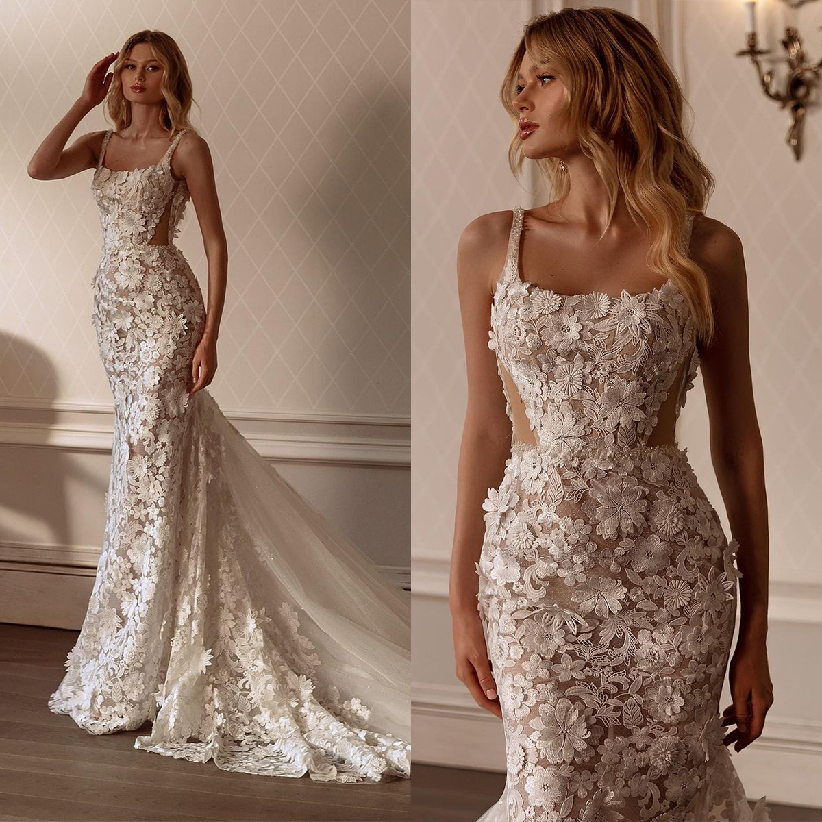 Romantic Lace Mermaid Wedding Dresses Appliques Beaded Bridal Gowns Cutaway Sides Sleeveless Custom Made Backless Bride Dress