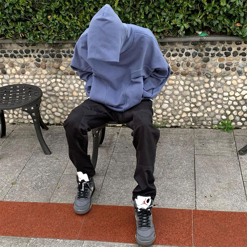 Grailz Project Vintage High Street Geometric Structure High Street Solid Hoodie Button Up Loose Hooded Hoodie