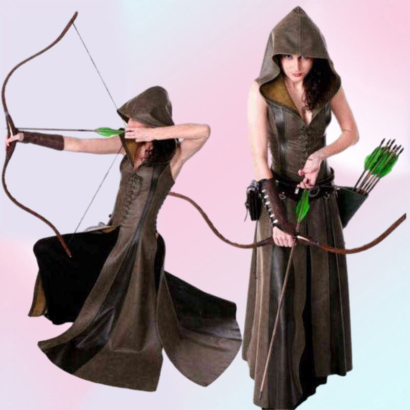 Medieval Cosplay Fashion Women Anime Viking Renaissance Hooded Archer Come Leather Long Dress Sleeveless Masquerade New T22084246229