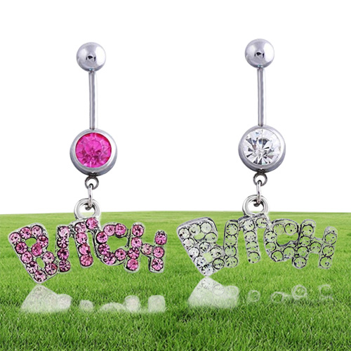 Sexy Bitch Clear Pink Crystal Body Piercing Button Belly Ring Navel Bar Body Jewellery Whole