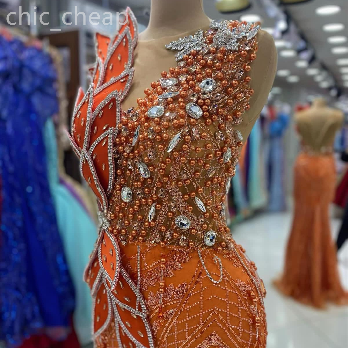 2024 Aso Ebi Orange Mermaid Prom Dress Pearls Crystals Sheer Neck Evening Formal Party Second Reception Birthday Engagement Gowns Dresses Robe De Soir