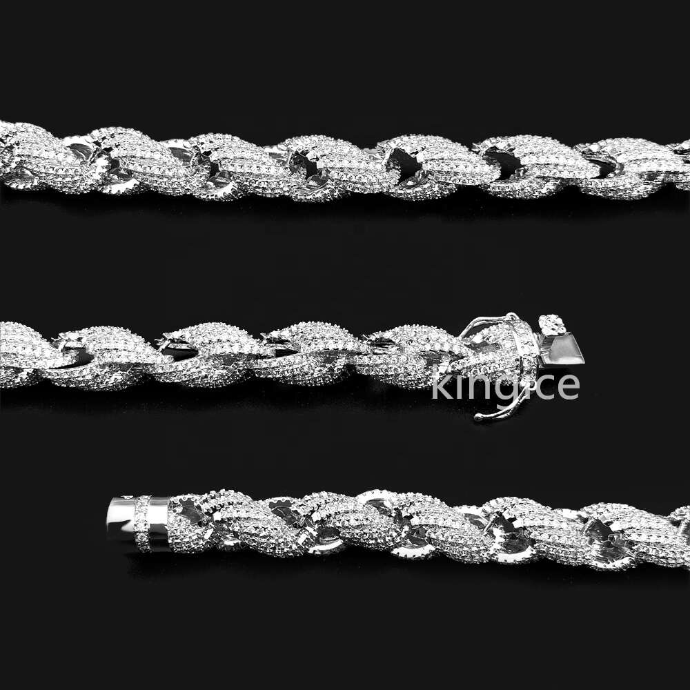 Size 11mm 925 Sterling Silver 14k White Gold Plated Twisted Men Necklace Moissanite Rope Chain