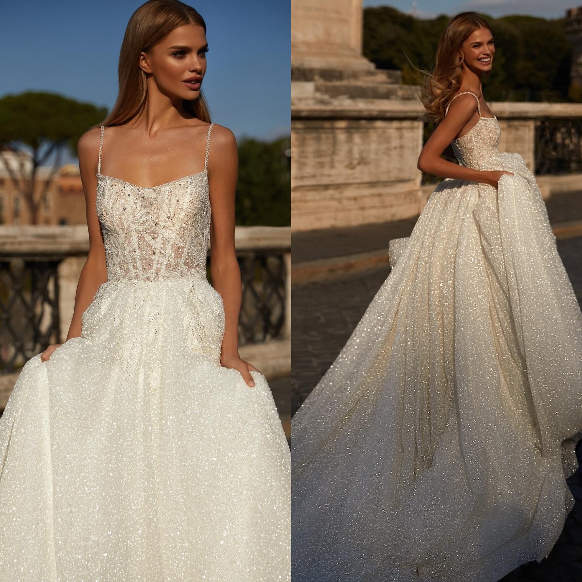Milla Nova A Line Dress Spaghetti Glitter Wedding Dresses Beads Ruffle Vestidos De Novia Sweep Train Designer Bridal Gowns 0616