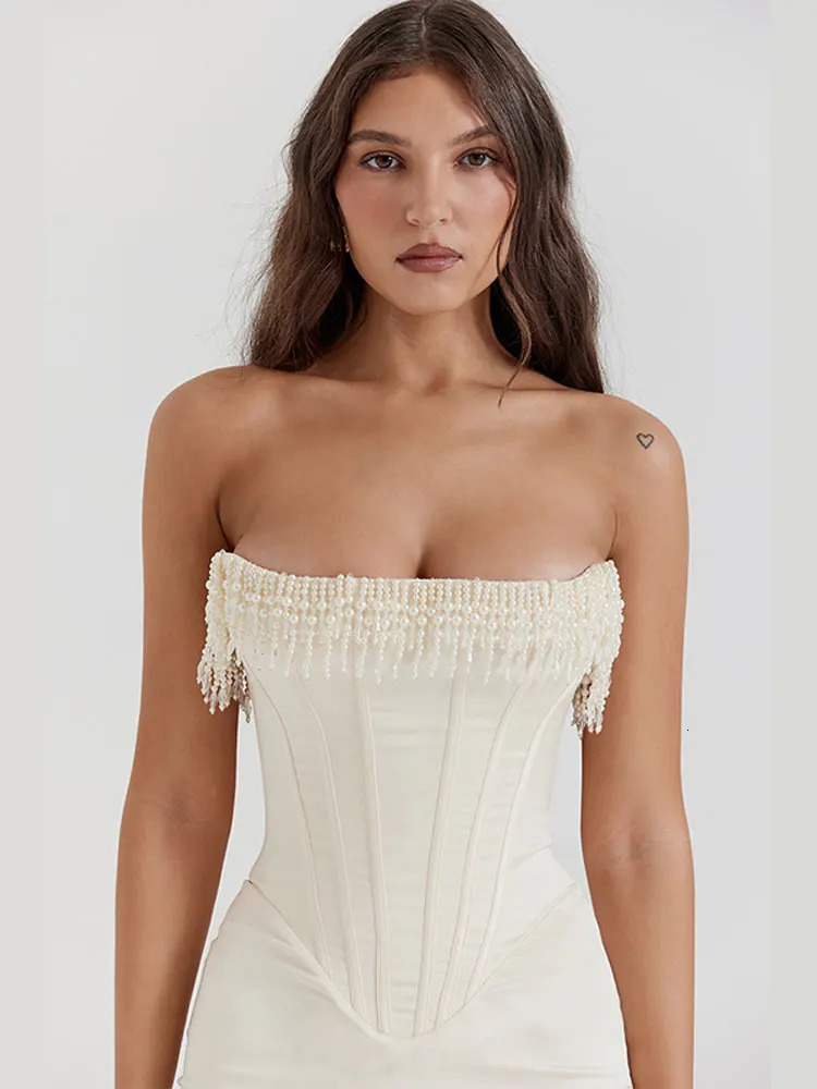 Elegant Backless Tassels Dress For Women Fashion Sleeveless Strapless Slim Fit Dresses Female Holiday Evening Party Robes 240124