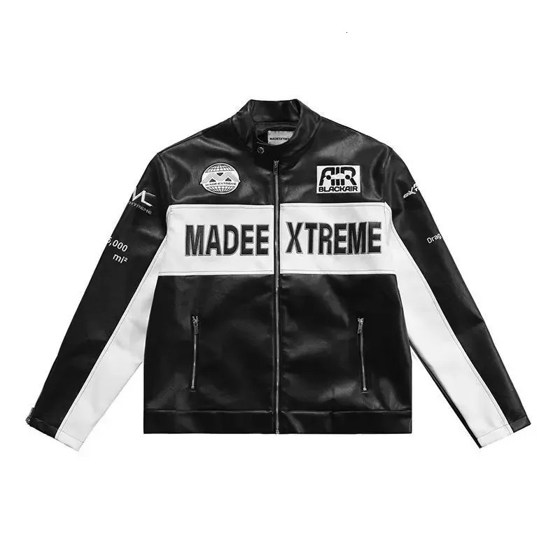 High Street Vintage Motorcycle Jacket Men Women Hip Hop Loose Patchwork Letter Print Racing Jackets Unisex PU Leather Coats 240126