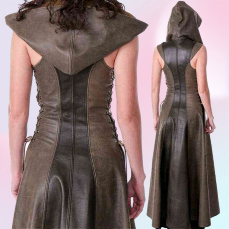 Medieval Cosplay Fashion Women Anime Viking Renaissance Hooded Archer Come Leather Long Dress Sleeveless Masquerade New T22084246229