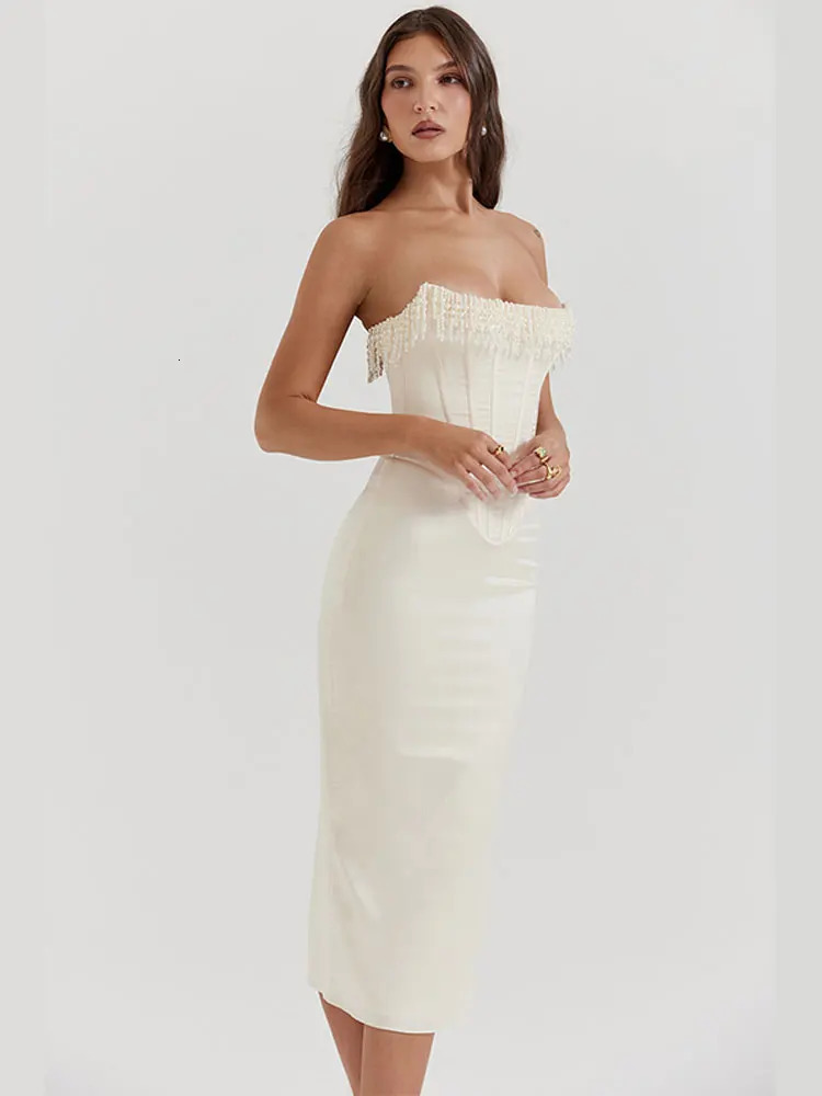 Elegant Backless Tassels Dress For Women Fashion Sleeveless Strapless Slim Fit Dresses Female Holiday Evening Party Robes 240124