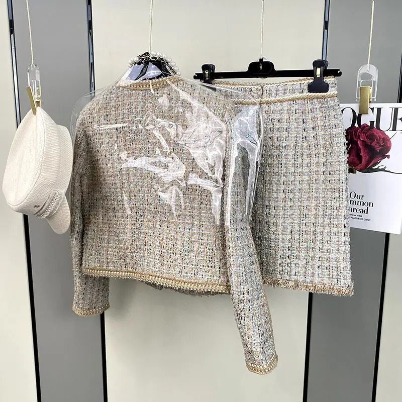 Two Piece Skirt Dress Women Suit Outfit Womens 2 Piece Outfie Long Sleeve Plaid Print Crop Tweed Jacket and Button Front Skirt 240118