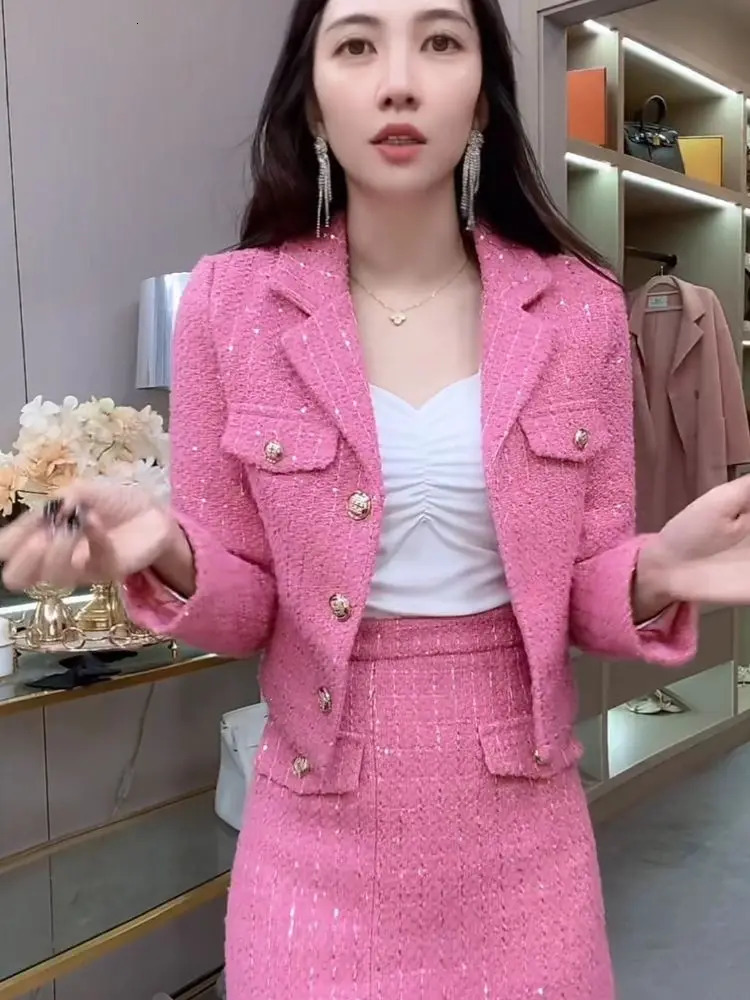 Spring Two Piece Dress Set For Women Business Suit Set for Womens 2 Piece Outfits Plaid Tweed Short Blazer Jacket and Skirt Set 240118