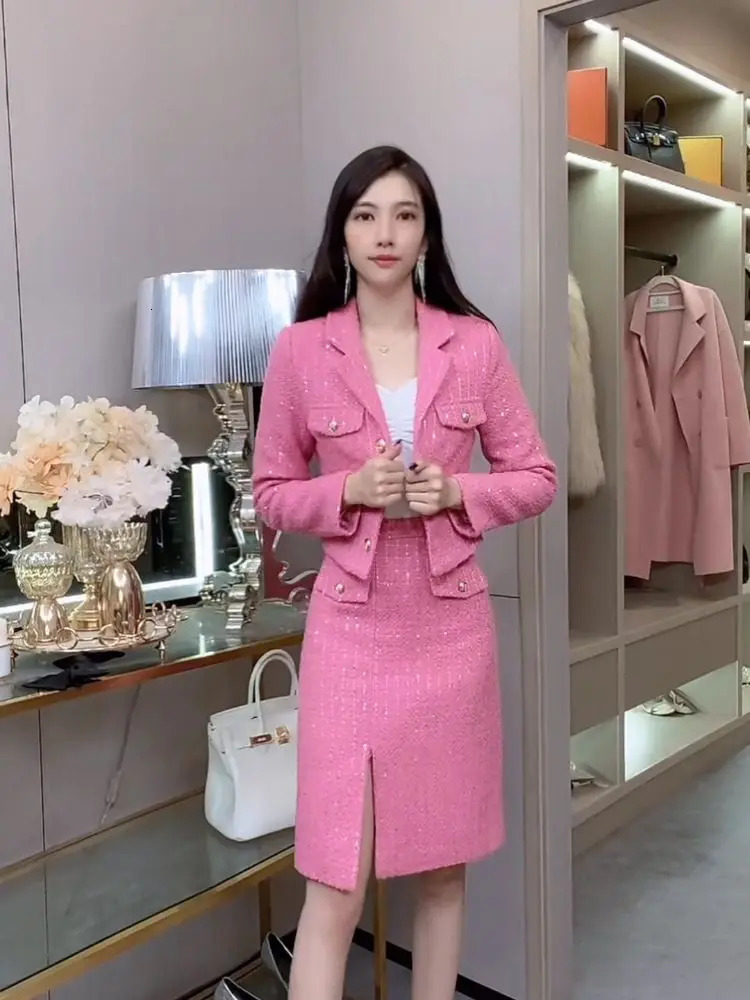 Spring Two Piece Dress Set For Women Business Suit Set for Womens 2 Piece Outfits Plaid Tweed Short Blazer Jacket and Skirt Set 240118