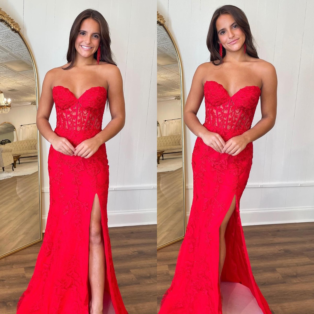 Sexy Red Mermaid Prom Sweetheart Illusion Bodice Formal Evening Elegant Lace Appliques Party Dresses For Special Ocns Promdress Es Dress Lz0304