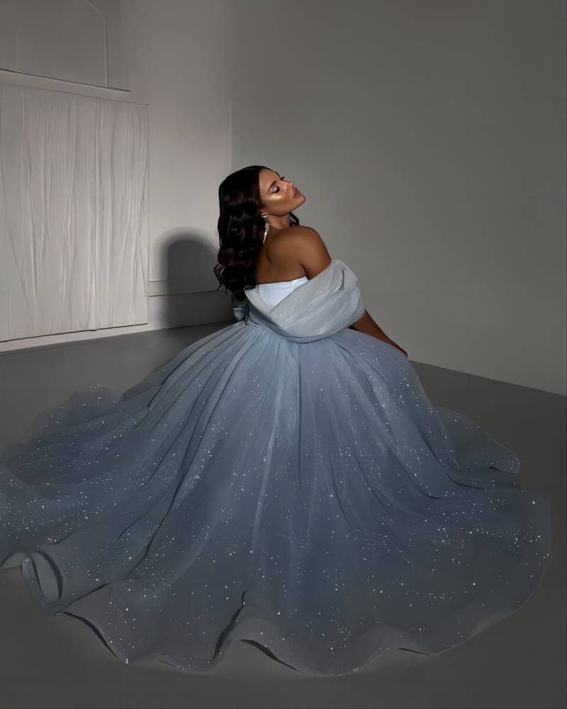 Light Blue Prom Dresses A Line Off Shoulder Formal Evening Dress Elegant Ankle Length Glitter Long Special Ocn Party Dress 0515