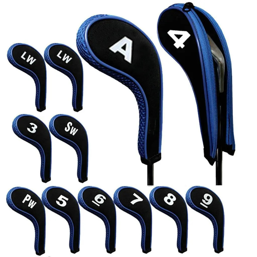 High Quality 12Pcs Rubber Neoprene Golf Head Cover Club Iron Putter Protect Set Number Printed with Zipper Long Neck 240122