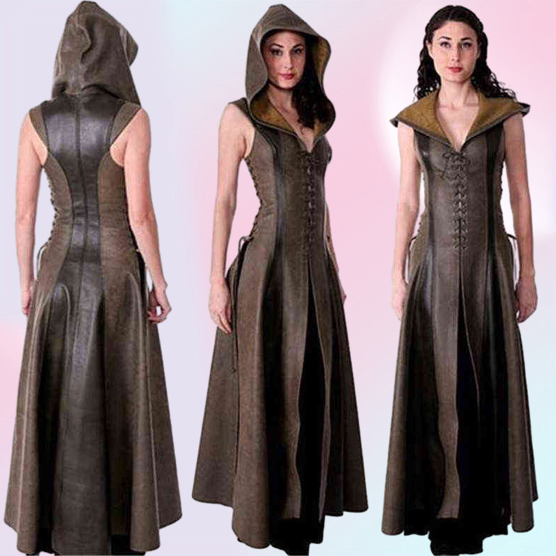 Medieval Cosplay Fashion Women Anime Viking Renaissance Hooded Archer Come Leather Long Dress Sleeveless Masquerade New T22084246229