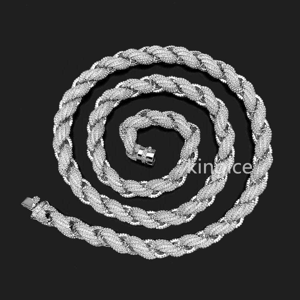 Size 11mm 925 Sterling Silver 14k White Gold Plated Twisted Men Necklace Moissanite Rope Chain