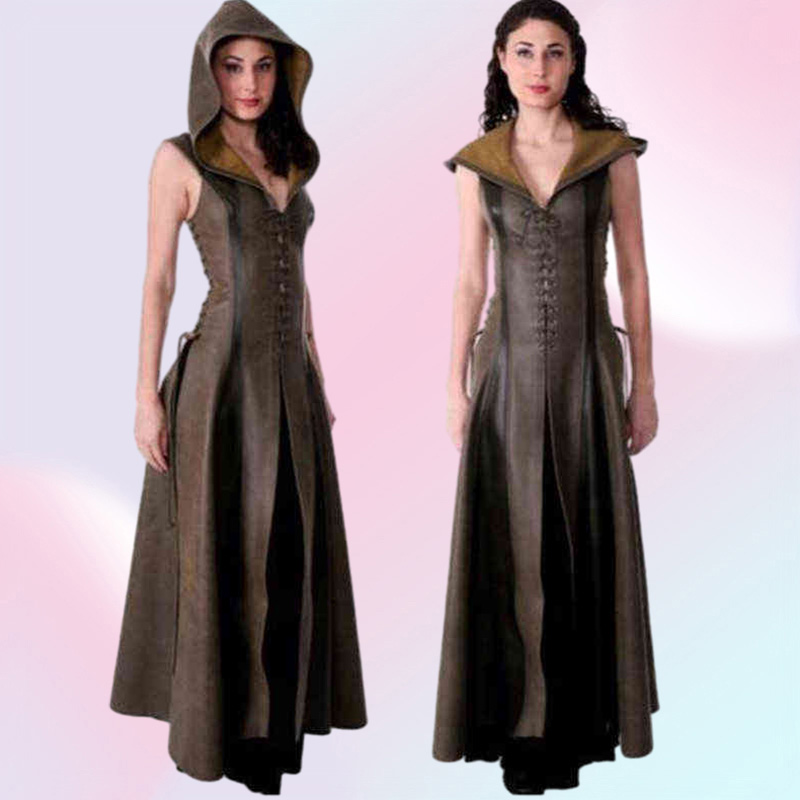 Medieval Cosplay Fashion Women Anime Viking Renaissance Hooded Archer Come Leather Long Dress Sleeveless Masquerade New T22084246229