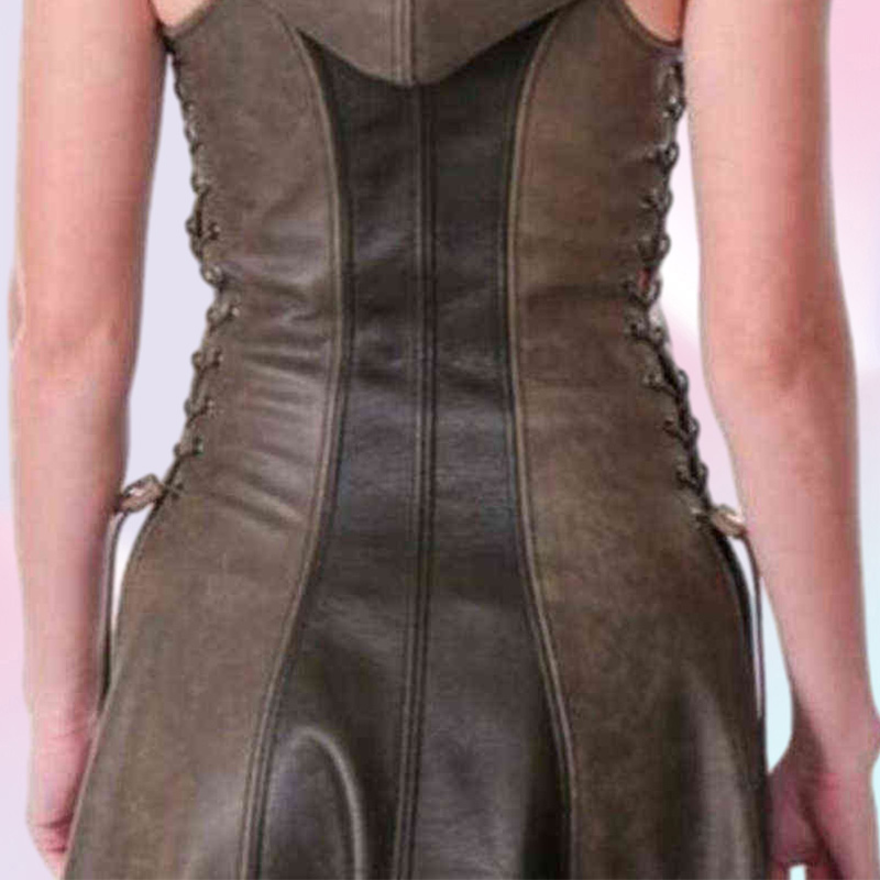 Medieval Cosplay Fashion Women Anime Viking Renaissance Hooded Archer Come Leather Long Dress Sleeveless Masquerade New T22084246229