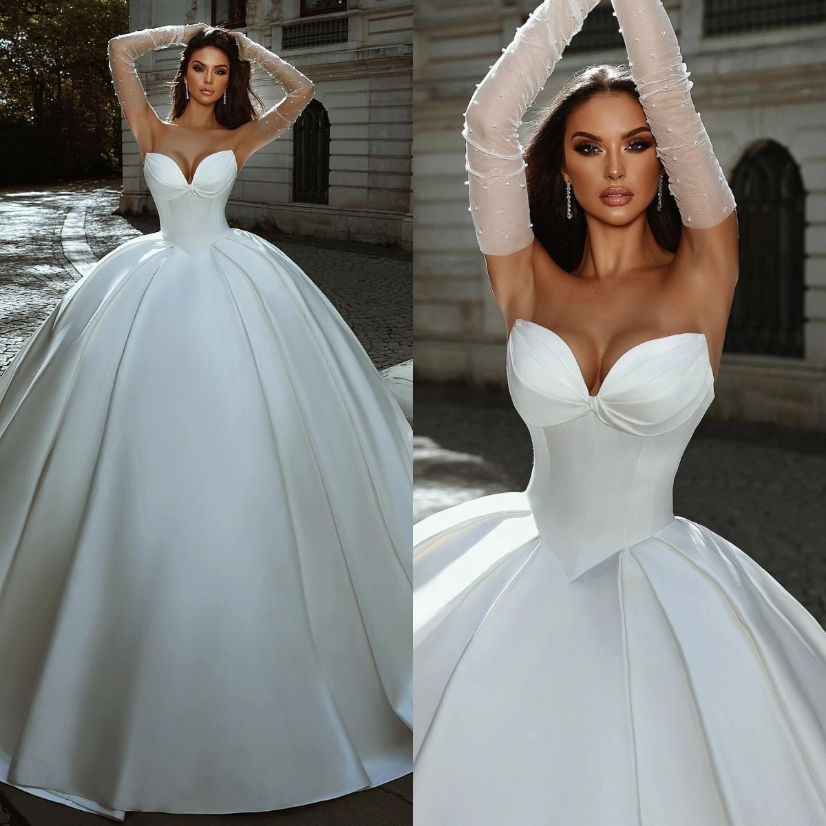 Ball Gown Vintage Dresses Sweetheart Backless Ruffle Wedding Dress Sweep Train Satin Designer Bridal Gowns S
