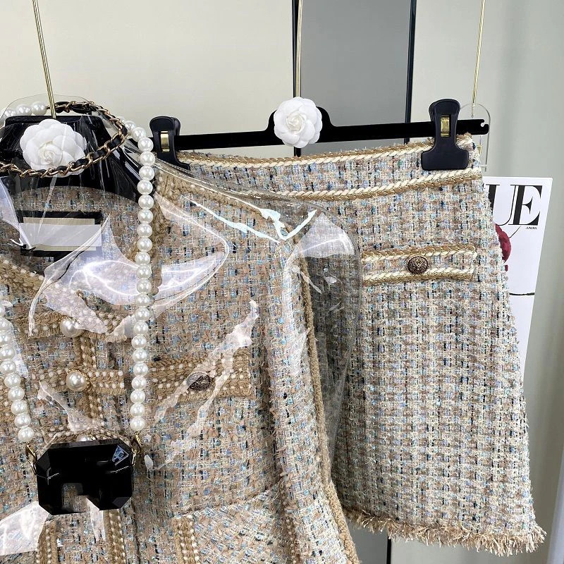 Two Piece Skirt Dress Women Suit Outfit Womens 2 Piece Outfie Long Sleeve Plaid Print Crop Tweed Jacket and Button Front Skirt 240118