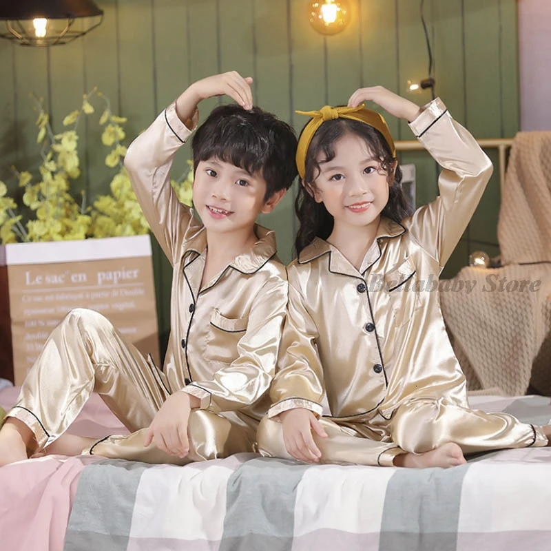 Blue Satin Silk Pajamas Sets For Teen Girls Boys Pyjamas LongShort Sleeve Top Pants Pijama Set Autumn Kids Sleepwear Child Pjs 240123