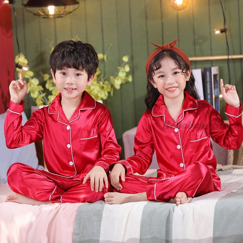 Blue Satin Silk Pajamas Sets For Teen Girls Boys Pyjamas LongShort Sleeve Top Pants Pijama Set Autumn Kids Sleepwear Child Pjs 240123
