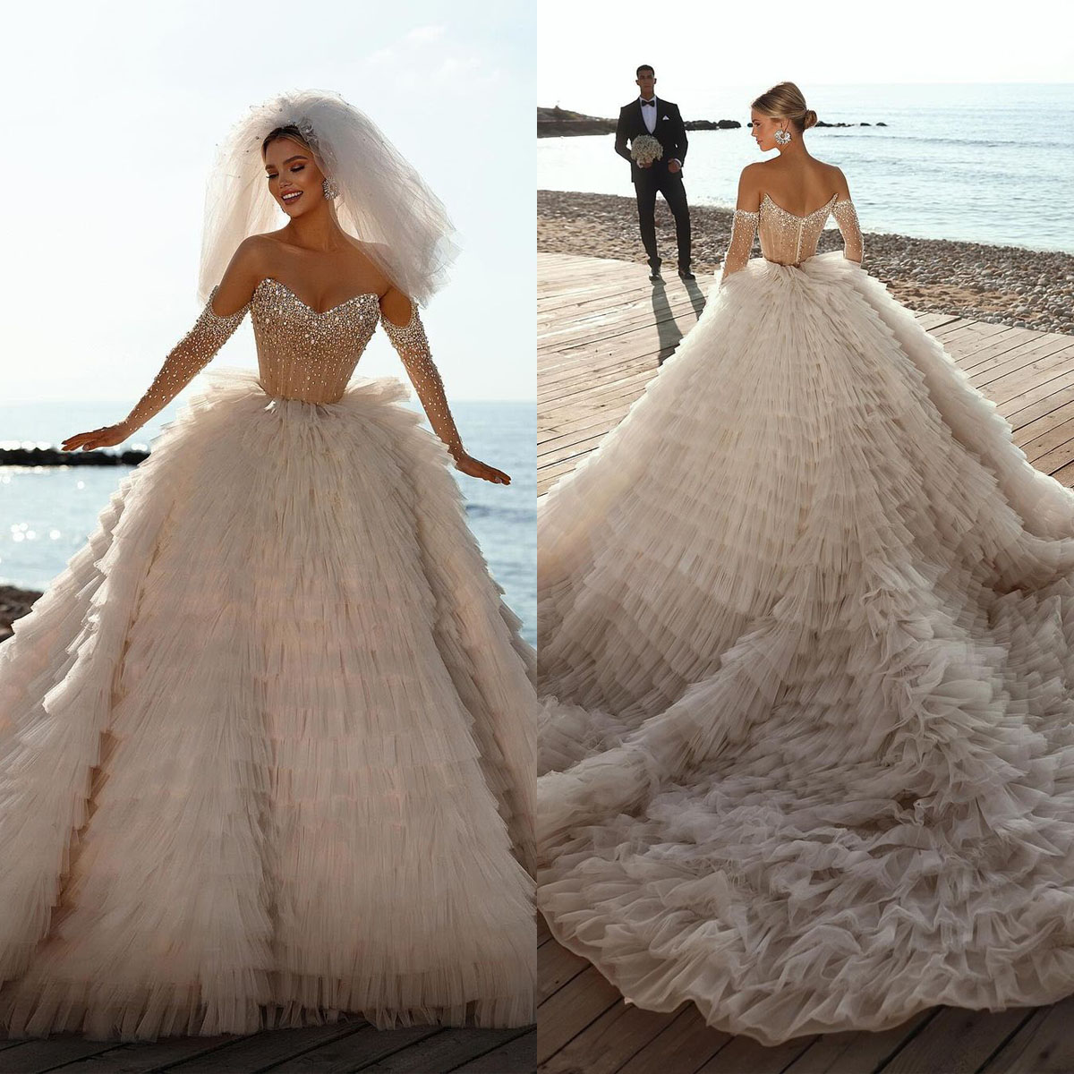 Vintage V Neck Wedding Dresses Ball Gown Glamorous Beading Puffy Ruffles Tiered Vestido De Noiva Custom Made Bridal Dress