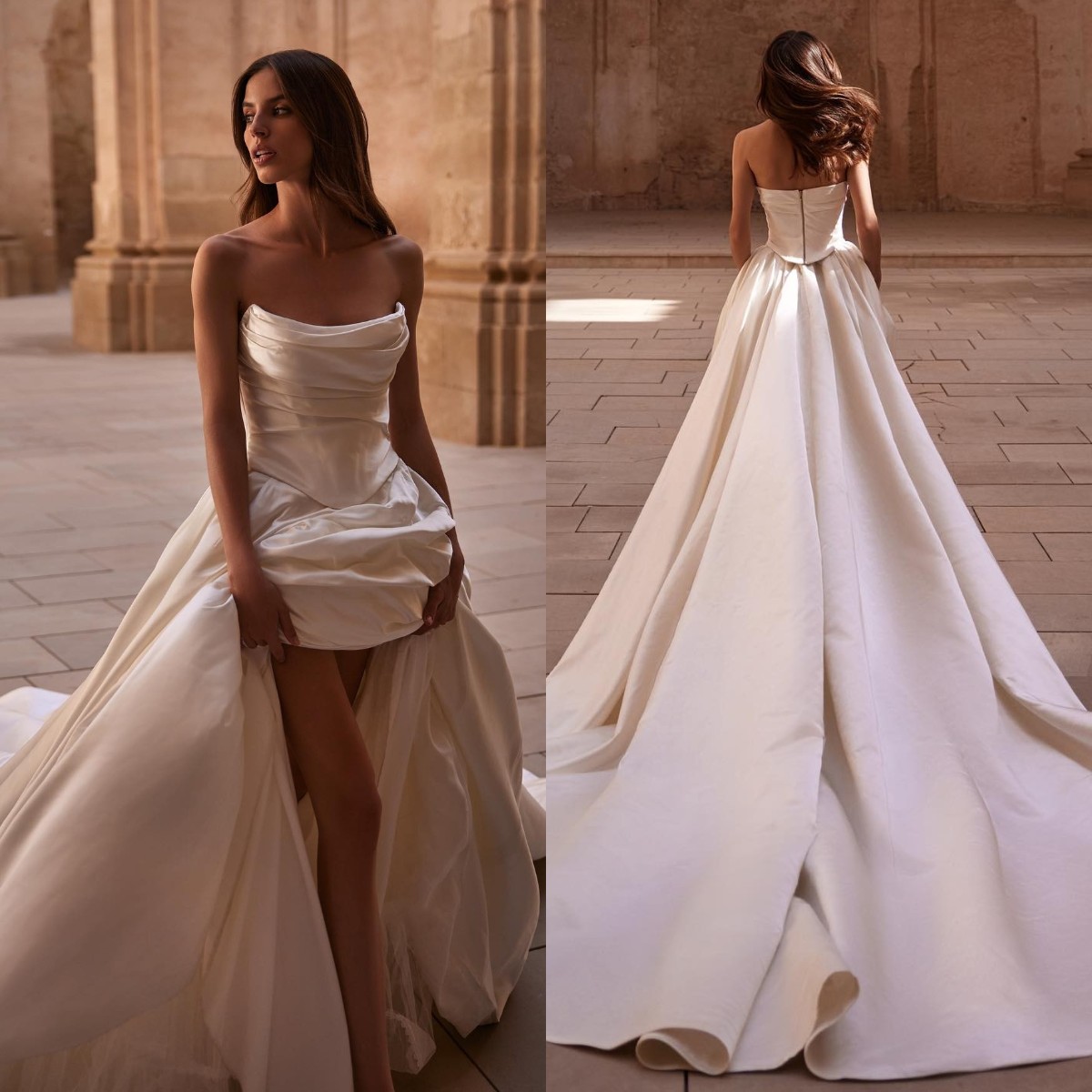Milla Nova A Line Dress Strapless Satin Backless Wedding Dresses Pleats Vestidos De Novia Sweep Train Designer Bridal Gowns 0616