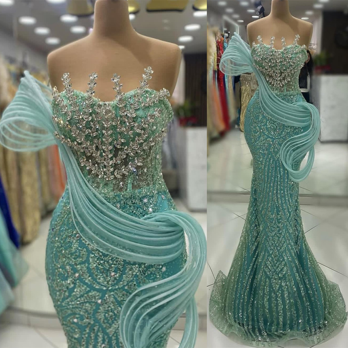 2024 Aso Ebi Sage Mermaid Prom Dress Sequined Lacefull Crystals Evening Formal Party Second Reception Birthday Engagement Gowns Dresses Robe De Soiree