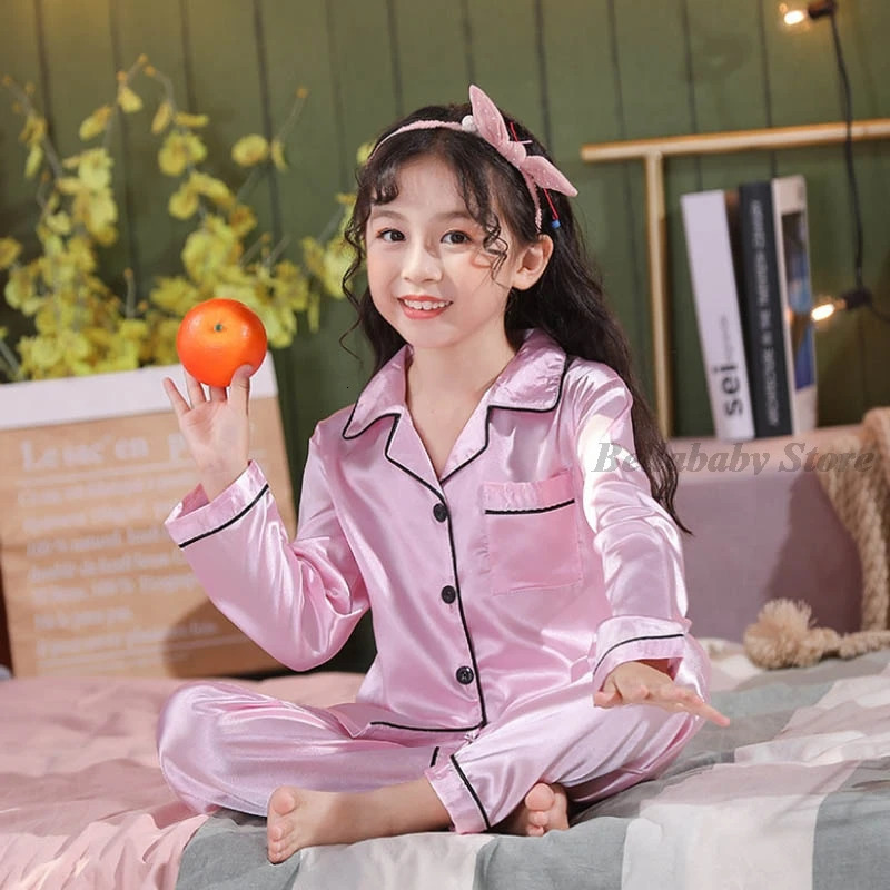 Blue Satin Silk Pajamas Sets For Teen Girls Boys Pyjamas LongShort Sleeve Top Pants Pijama Set Autumn Kids Sleepwear Child Pjs 240123