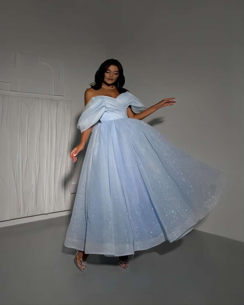 Light Blue Prom Dresses A Line Off Shoulder Formal Evening Dress Elegant Ankle Length Glitter Long Special Ocn Party Dress 0515