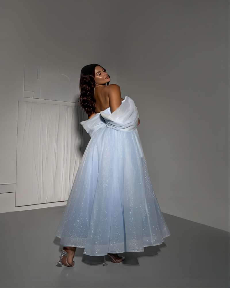 Light Blue Prom Dresses A Line Off Shoulder Formal Evening Dress Elegant Ankle Length Glitter Long Special Ocn Party Dress 0515