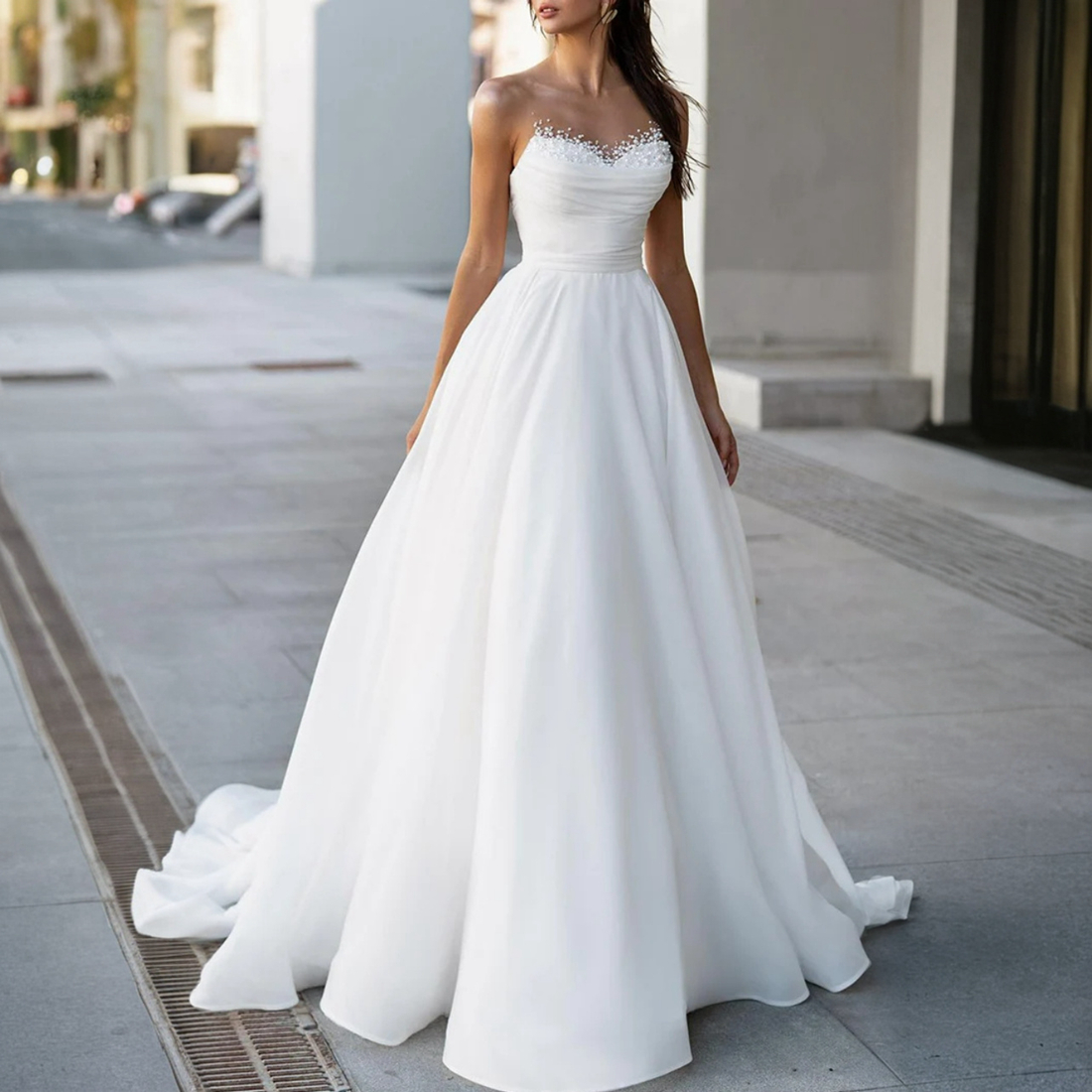 A- e Wedding Dresses Sheer Neck Tiered Organza Beaded Pearls Draped Bridal Dress Bride Sweep Train Marriage for African Arabic Black Women D130