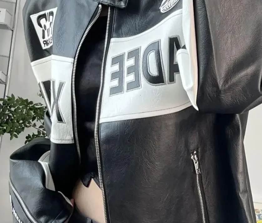 High Street Vintage Motorcycle Jacket Men Women Hip Hop Loose Patchwork Letter Print Racing Jackets Unisex PU Leather Coats 240126