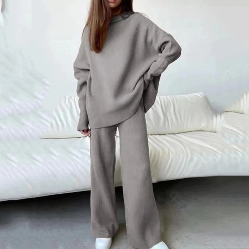 Vintage Women Turtleneck Knitted Two Piece Set Autumn Winter Long Sleeve Pullover Top Wide Leg Pants Outfits Ladies Solid Suit 240125
