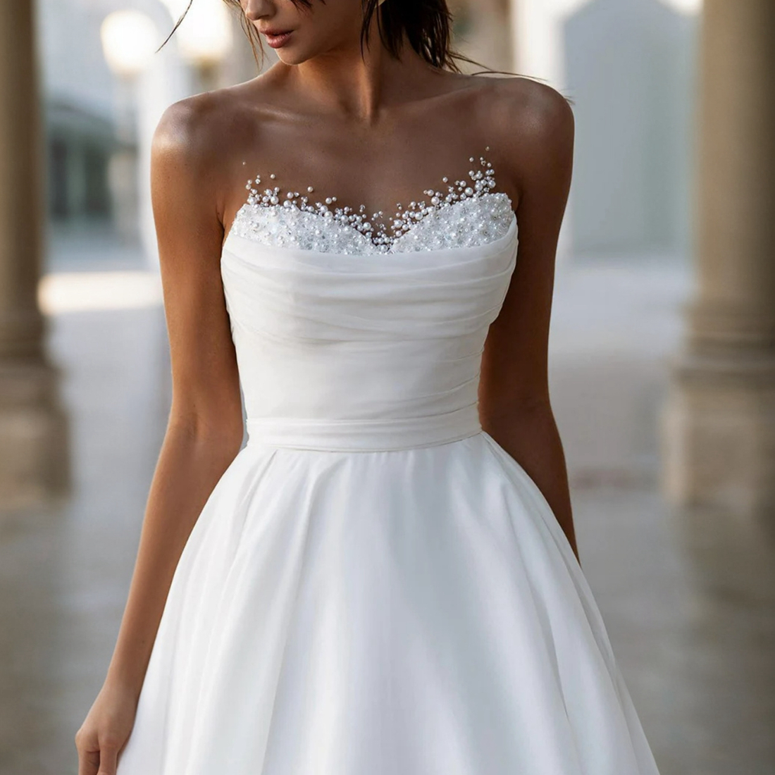 A- e Wedding Dresses Sheer Neck Tiered Organza Beaded Pearls Draped Bridal Dress Bride Sweep Train Marriage for African Arabic Black Women D130