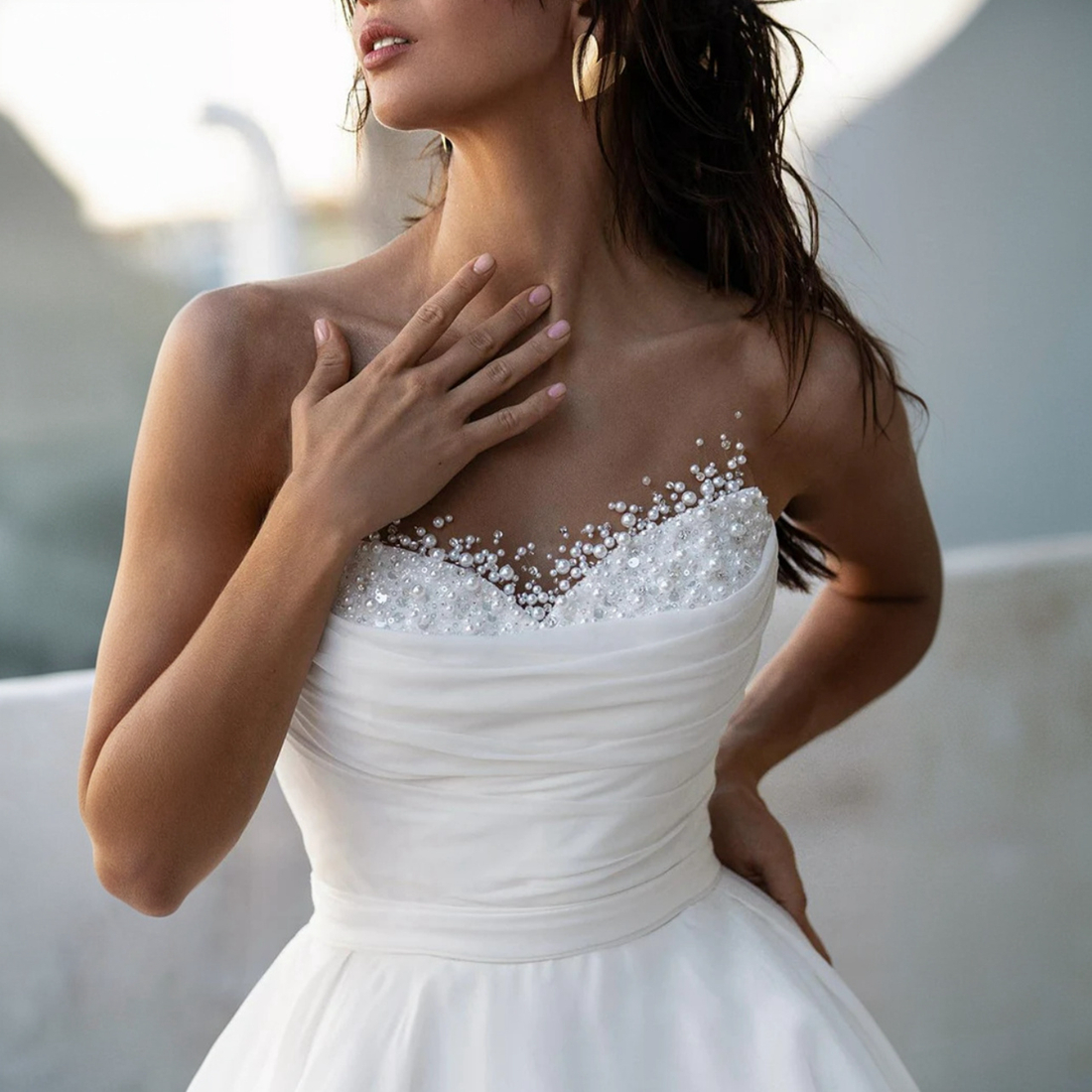 A- e Wedding Dresses Sheer Neck Tiered Organza Beaded Pearls Draped Bridal Dress Bride Sweep Train Marriage for African Arabic Black Women D130