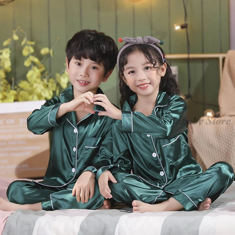 Blue Satin Silk Pajamas Sets For Teen Girls Boys Pyjamas LongShort Sleeve Top Pants Pijama Set Autumn Kids Sleepwear Child Pjs 240123